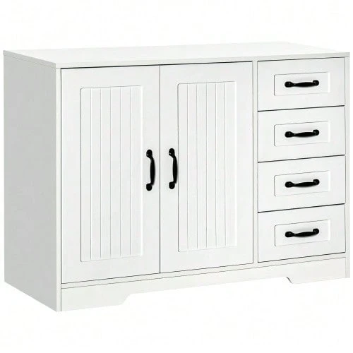 HOMCOM White Sideboard With 4 Drawers, Adjustable Shelf And Anti-Tip Protection For The Kitchen And Living Room - 白色 - 查看 1