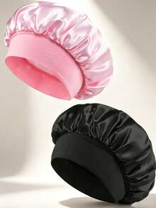 2pcs Luxury Satin Sleep Caps, Solid Color Elastic Sleep Hair Caps, Lightweight Smooth Silk Texture, Suitable For Comfortable All-Night Wear, Hair Protection And Bath Use, Soft Fit To Scalp, Protects Curly/Straight/Fine Hair, Holiday Gift And Back To School Essential - Basic model - View 3