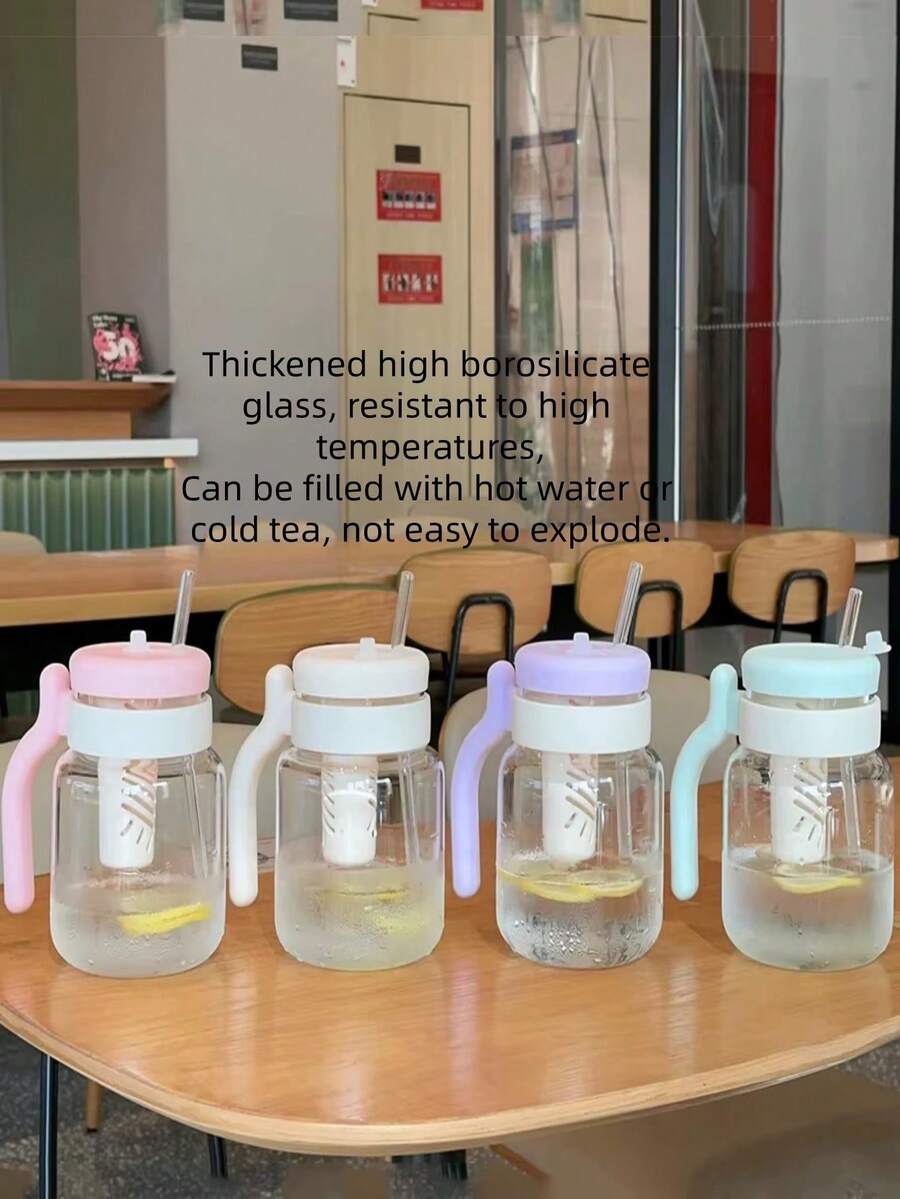 Thickened High Borosilicate Glass Water Bottle With Handle & Removable Tea Infuser Straw Lid, Heat Resistant Leakproof Fruit Tea Tumbler, 4 Pastel Color Portable Drinking Cup For Home Office Outdoor Travel Daily Use