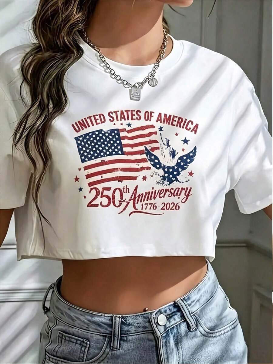 USA 250th Anniversary Commemorative Print Women's Inspired T-Shirt Y2K Short Round Neck Top - Lightweight Spring/Summer Casual Holiday Fantasy Print - 白色 - 查看 1