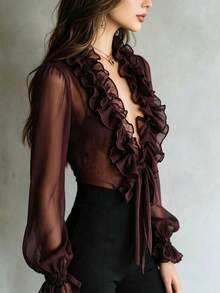 Autumn French Sweet Chiffon Slightly Sheer Ruffle V-Neck Tie-Front Draped Blouse Winter - Burgundy - View 6