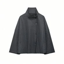 Seelio Autumn/Winter New Women's European & American Style Fashion Minimalist Versatile Loose High Neck Long Sleeve Button-Up Jacket - Dark Grey - View 2