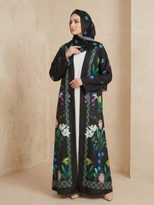 Hafizah 新款時尚印花開襟外套與長洋裝頭巾2件套女裝 - 黑色 - 查看 2