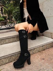 Women Knee High Boots Pull On Buckle Strap Block Heel Round Toe - Black - View 2
