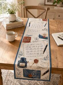 1pc Vintage Back To School Theme Table Runner, Calligraphy Pen Ink Envelope Letter Print, Rustic Farmhouse Style Classroom Dining Table Study Room Decor, Teacher Gift Seasonal Home Decoration - Multicolor - View 7