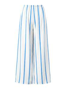 Women's Summer Pink Striped Wide Leg Pants, High Waist Casual Loose Beach Pants, Bohemian Style Pink Vertical Striped Straight Leg Long Pants - White and Blue - View 6
