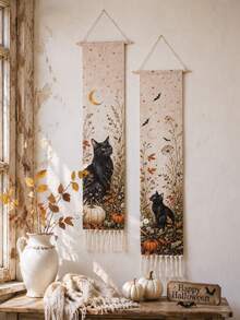 1pc/2pcs Vintage Black Cat Pumpkin Moon Bat Tassel Hanging Banner, Retro Halloween Vertical Tapestry, Spooky Farmhouse Style Autumn Wall Decor, Gothic Wildflower Scroll, Indoor Fireplace Porch Window Halloween Trick Or Treat Holiday Home Background Decoration Gift - Multicolor - View 11