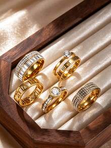 5pcs Elegant Stainless Steel Gold Tone Ring Set For Women, Includes Roman Letter, Cubic Zirconia, Teardrop Rhinestone Elements, Suitable For Daily Wear And Festive Accessories - Gold - View 15