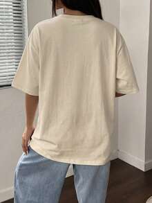 SHEIN | Garfield Women's Beige Tee, Small Chest Logo Pixel Grumpy It's Monday Game Over Slogan Print Loose Short Sleeve - Apricot - View 3