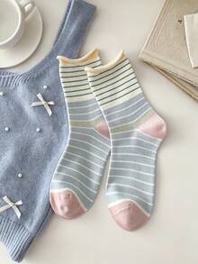 4 Pares de Meias Listradas Mistas com Borda Enrolada até a Panturrilha para Mulheres, Meias Slouch Respiráveis e Versáteis, Primavera/Verão - Multicolorido - Visão 4