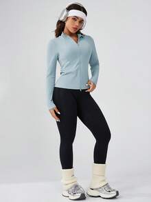 Leorrey 1pc Women's Ribbed Double Zipper Stand Collar Fitness Workout Yoga Running Cycling Long Sleeve Sports Jacket - Baby Blue - View 8
