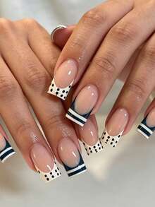 Show Your Beauty 24片中長款水管甲，優雅酷感Y2K設計，黑色波點、白色海洋藍條紋法式亮面亮澤美甲，顯膚色時尚百搭可穿戴假指甲，適合約會派對，春夏秋冬女性與女孩日常佩戴，可拆卸式穿戴甲套組，含果凍膠與指甲锉，易佩戴且耐用，果凍膠隨機發貨 - 彩色 - 查看 2