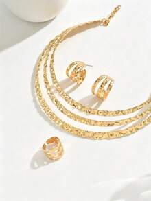 4 Fashionable And Simple New Line Metal Style Gold Stud Earrings, Rings, Necklaces, Personalized Party Set - Yellow Gold - View 2