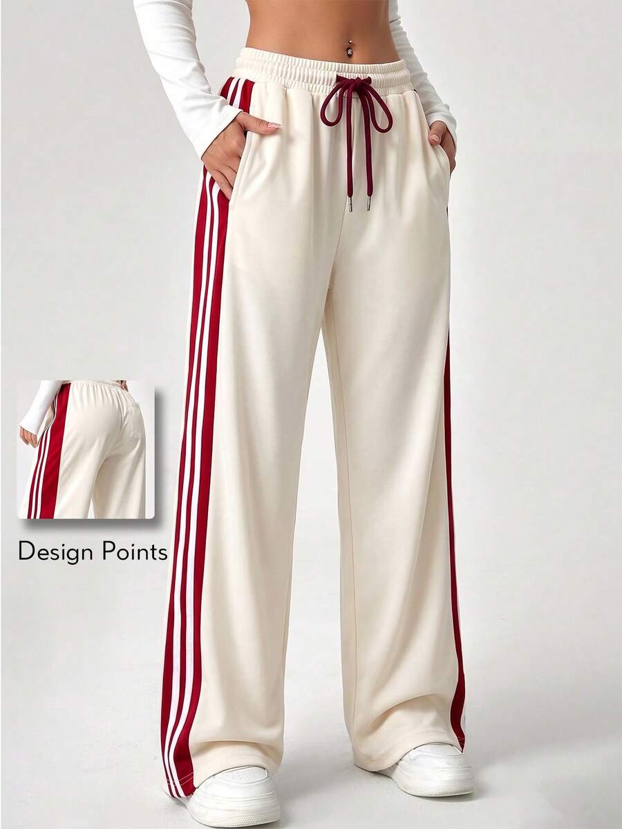 KyrLssu Simple Multi Stripe Casual Wide Leg Bottoms, Elastic Drawstring Waist Long Pants For Multi-Style Daily Matching - Beige - View 1