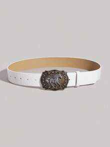1pc Unisex Vintage Western Style Animal Buckle Embossed PU Leather Belt, Fashion Versatile Accessory For Jeans, Dresses, Suitable For All Seasons Summer, School Fall, Autumn, Halloween - White - View 8