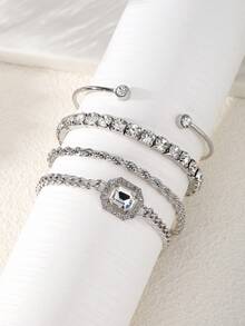 4pcs Luxury Fashion Minimalist Personalized Fresh Multi-Layer Stackable Square Rhinestone Chain Bracelet Set For Women, Cross-Border Seasonal Hot-Selling High- Elegant Bracelet Set Suitable For Daily Wear - Silver - View 2