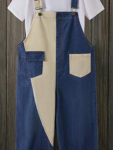 Girls' Denim Overalls, Personalized Fashion Casual Colorblock Patchwork Design, Street Utility Style, Multi-Pocket Loose Jumpsuit Long Pants, Suitable For Spring, Summer, Autumn, Winter, Back To School, Daily Casual Wear - Apricot - View 4