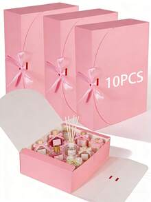 10/5PCS/1P Kraft Paper Gift Box With Lid And Ribbon - Large Vintage Foldable Gift Box Suitable For Candles, Soaps And Notebooks, Perfect For Wedding, Party And Home Decor Gifts For Friends/Pink - Pink + Fan Ribbon - View 20