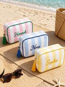 1pc Personalized Embroidered Makeup Bag, Customized Name Striped Cosmetic Bag, Bridesmaid Gift, Travel Toiletry Bag, Customized Jewelry Storage Bag, Valentine's Day Gift, Christmas Gift - Multicolor - View 3