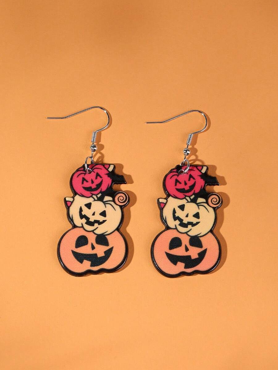 1pair Halloween Acrylic Smiling Face Pumpkin Pile Printed Drop Earrings For Women Girl For Funny Horror All Saints' Day Party Jewelry - Multicolor - View 1