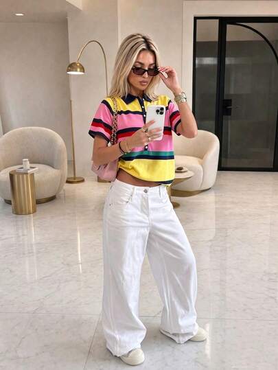 FOR BEAUTY Summer Y2K Women's Multi-Color Striped Knit POLO Short Sleeve Front Button Ribbed Pullover Top, Preppy Casual Streetwear Daily Outerwear, Aesthetic, Effortlessly Chic