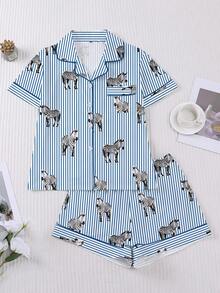 2pcs/Set Women's Pajama Set, Striped Zebra Print, Women's Loungewear, Spring/Summer Holiday Outfit, Short Sleeve Lapel Top And Shorts, Wearable As Outerwear - Multicolor - View 1