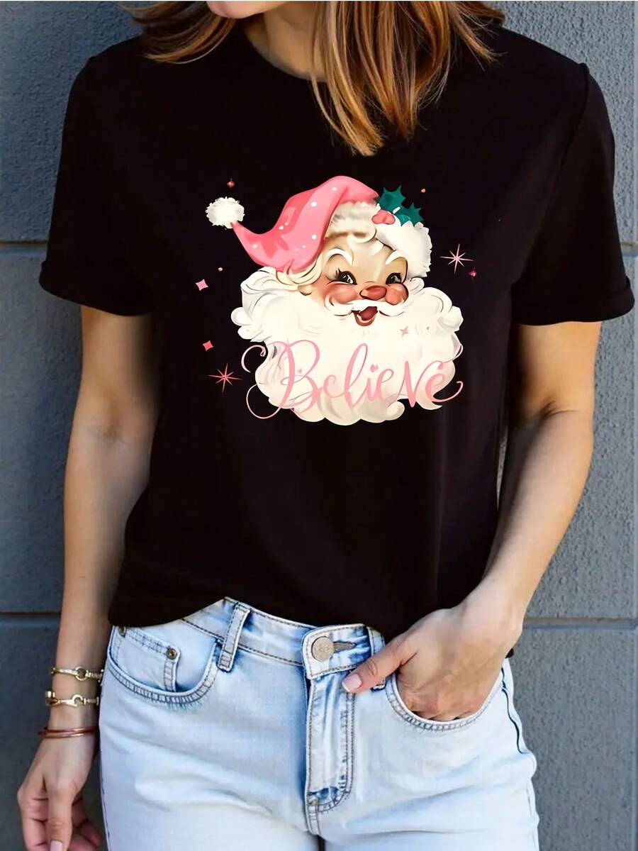 Daily Pink Santa Believe Cursive Festive Floral Print Crew Neck T-Shirts Soft Fabric Short Sleeve Christmas Romantic Garment Style American Flag Dress - Black - View 1