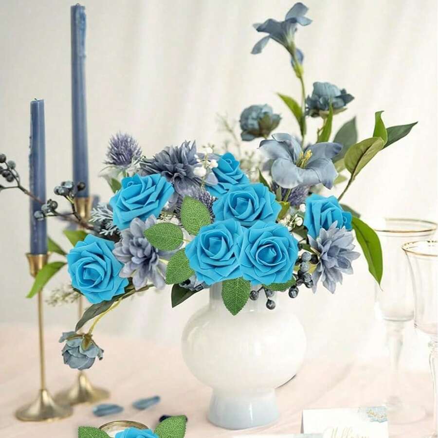 24/48入 7.6cm 藍色人造玫瑰花頭,泡沫PE仿真玫瑰花頭(無花莖),DIY手工玫瑰,適用於花牆、婚禮拱門、派對禮盒裝飾 - 藍色 - 查看 1