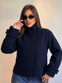 Women's Navy Blue Short Coat, Funnel Neck, Double-Button Design, Woven Fabric, Suitable For Winter Wear - Navy Blue - View 7