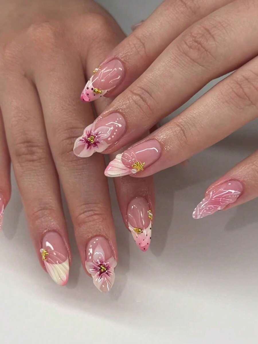 24 Stück mittel-lange Mandelform sanfte romantische nudefarbene rosa Basis, dekoriert mit 3D rosa Blumen, Farbverlauf französische Polka Dots, metallische Seesterne und Perlenakzente Press-On Kunstnägel, geeignet für Mädchen und Frauen, Feiertage und Partyanlässe, Sommer Nagelkunst, Sommer Strandurlaub Essential - Verschiedenfarbig - Übersicht 1