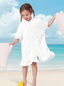 SHENG CHUN 1pc Girls Swimming Cover-Up, Cute Petal Sleeve, Flared Hem, Multiple Age Options, Hooded Zipper Absorbent Towel Robe, Suitable For Toddlers And Children, Home, Swimming, Bathing Essential - White - View 10