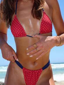 Women's Striped Print Halter Tie 2-Piece Swimsuit, Sexy Fashion Minimalist, Suitable For Young Girls, Beach Vacation, Travel And Dating Summer - Red and White Dots - View 1