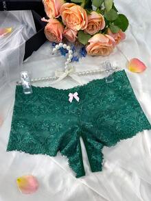 女款蕾絲花卉性感高腰三角內褲，開襠免脫式性感誘惑內衣，性感丁字褲 - 綠色 - 查看 5
