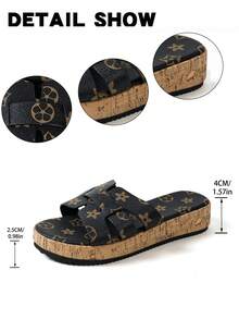 NANBEI ZUO Fashion Classic Random Floral Pattern Printed Women's Thick Sole Slide Sandals, Summer New Style Personalized Faux Wood Grain Sole Beach Vacation Style Sandals, Indoor/Outdoor Casual Versatile Wedge Slide Sandals - Black - View 5