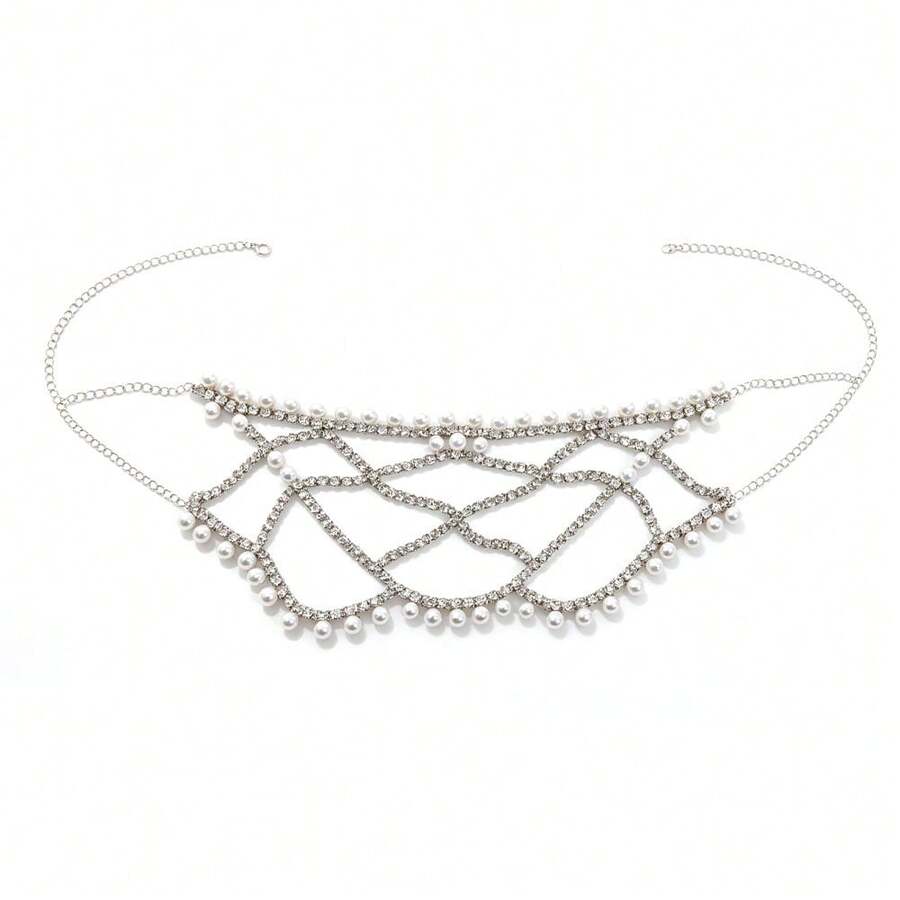 Fashionable 2026 Multi-Layer Pearl Mesh Mask, Exaggerated Rhinestone Mask For Music Festivals And Night Parties - Silver - View 1