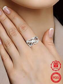 1pc S925 Sterling Silver Ring, Multi-Layer Cross Fashion Design Inlaid With Synthetic Cubic Zirconia, Suitable For Daily Wear And Gifting, Comes With Gift Box - Silver - View 4