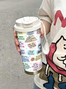 1個/5個 500ml 彩色聖經金句保溫車用杯，不鏽鋼材質，保溫保冷，翻蓋設計，可攜式掛繩，適合辦公室、旅行、學習、個人使用、教會禮物與節日禮品 - 白色-字母 - 查看 4