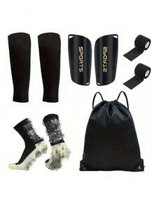 Juego de 5 sets de equipo deportivo de fútbol, incluye calcetines de fútbol con agarre de silicona, espinilleras, equipo de protección, mochila con cordón y cinta deportiva-medias de punto de poliéster y spandex - Multicolor - Ver 1