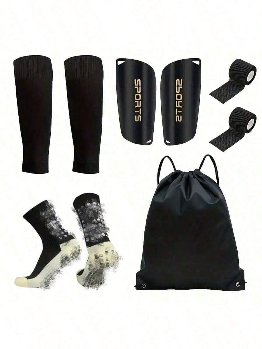 Juego de 5 sets de equipo deportivo de fútbol, incluye calcetines de fútbol con agarre de silicona, espinilleras, equipo de protección, mochila con cordón y cinta deportiva-medias de punto de poliéster y spandex - Multicolor - Ver 1