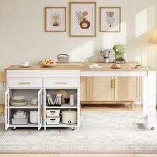Mobile Kitchen Island/Kitchen Trolley On Wheels, Extendable Bar Table With Storage Space, Kitchen Unit With Glass Doors, Drawers And Shelf, White, 132.5-217 X 50 X 93 Cm - White - View 5