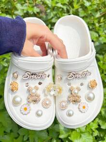 18pcs Gold Bear Charms, Gold Letter Charms, Shoe Flowers, Shoe Buckles, Shoe Accessories Pink Cute Series Suitable For Clogs, Beach Shoes, Garden Shoes, DIY Accessories - Gold - View 3