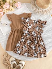 Conjunto de dos piezas para niños pequeños con cuello redondo, mangas de volantes, estampado de mariposas y ribete acanalado de unicolor – Simple, lindo y perfecto para primavera y verano. - Caqui - Ver 3