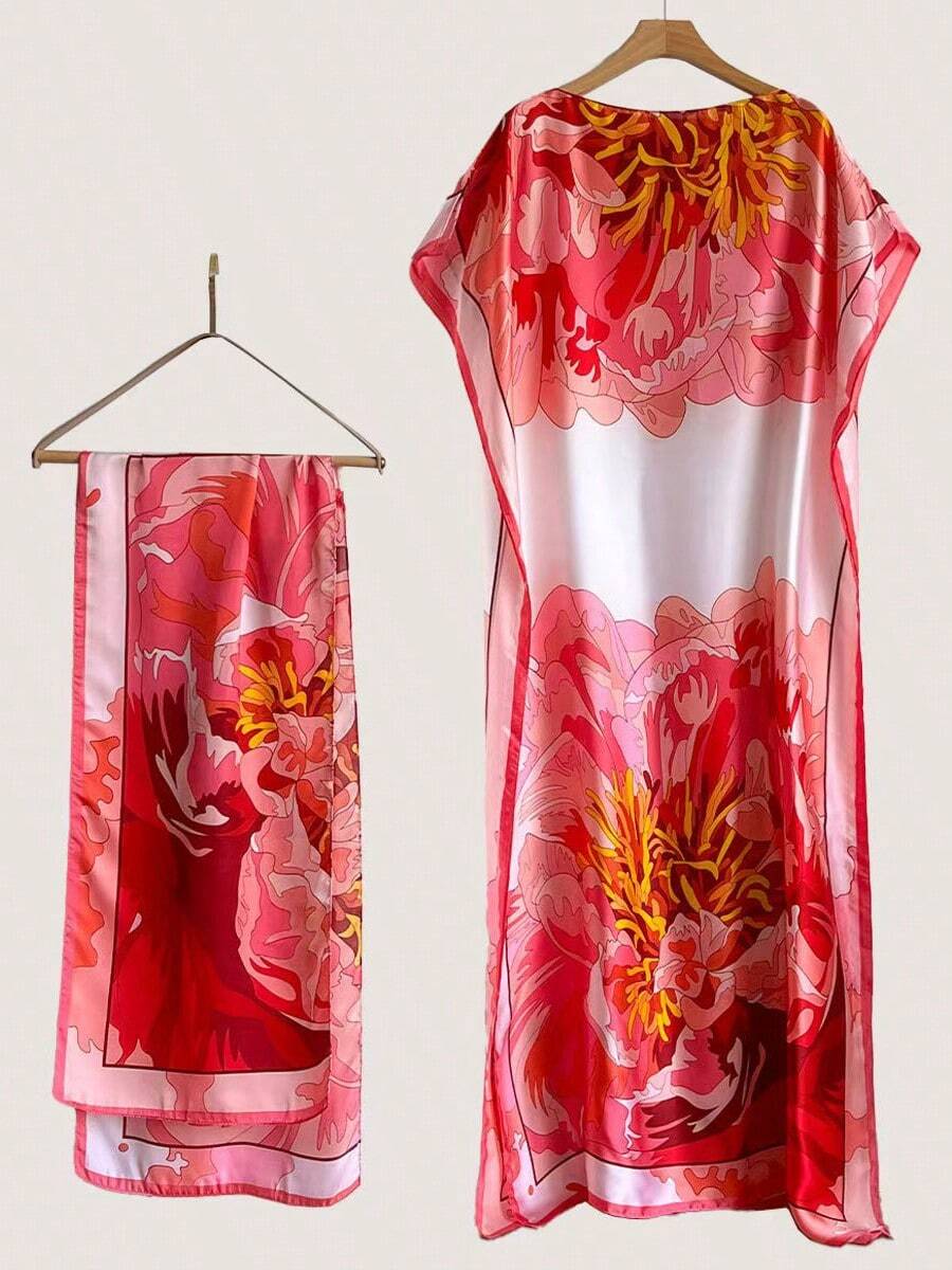 1 pieza Conjunto de bata y chal de seda sintética estampada para mujer con pañuelo pequeño, decoración de ropa exterior para playa, protección solar, a prueba de viento, uso diario - Multicolor - Ver 1