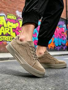 Men's Tan Nubuck Lace-Up Sneakers With Durable EVA Platform Outsole And Contrast Stitching Details - Brown - View 7