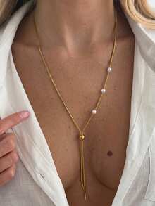 1pc Fashion Stainless Steel 18K Gold Pearl Y-Shaped Round Snake Chain Adjustable Necklace - Gold - View 1