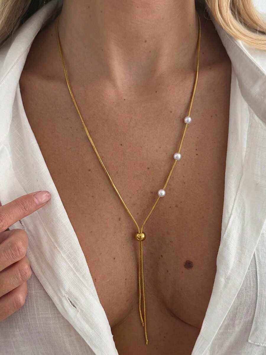 1pc Fashion Stainless Steel 18K Gold Pearl Y-Shaped Round Snake Chain Adjustable Necklace - Gold - View 1