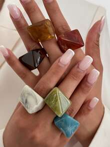 6pcs/Set Colorful Versatile Personalized Fashion Geometric Minimalist Wide Exaggerated Resin Rings Set For Women Daily Wear Holiday Party Jewelry - Multicolor - View 2
