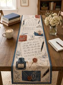 1pc Vintage Back To School Theme Table Runner, Calligraphy Pen Ink Envelope Letter Print, Rustic Farmhouse Style Classroom Dining Table Study Room Decor, Teacher Gift Seasonal Home Decoration - Multicolor - View 17