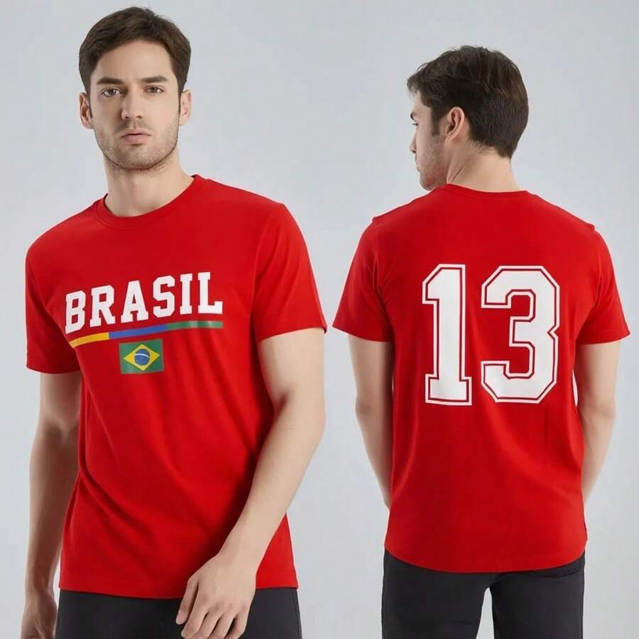 Camisa Brasil Unissex Casual Estilo Brasileiro 100% Algodão Camiseta Vermelho Lançamento - Vermelho - Visão 1