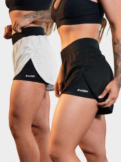 Kit Com 2 Shorts Duplo Feminino Compressão 2 em 1  com Forro de Compressão e Bolso Interno Cós Elástico Ajustável para Treino Corrida Fitness